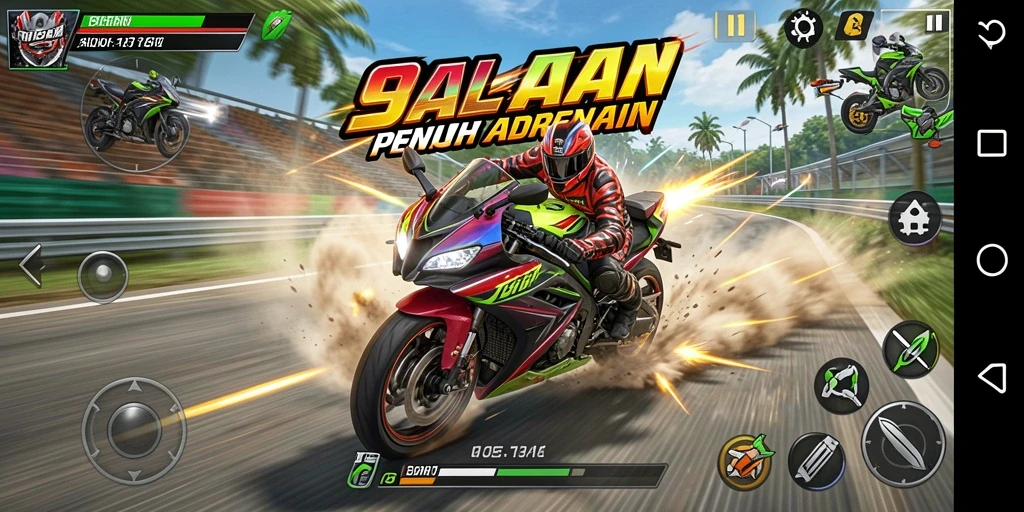 Tampilan gameplay 9SL dengan balapan motor yang mendebarkan.