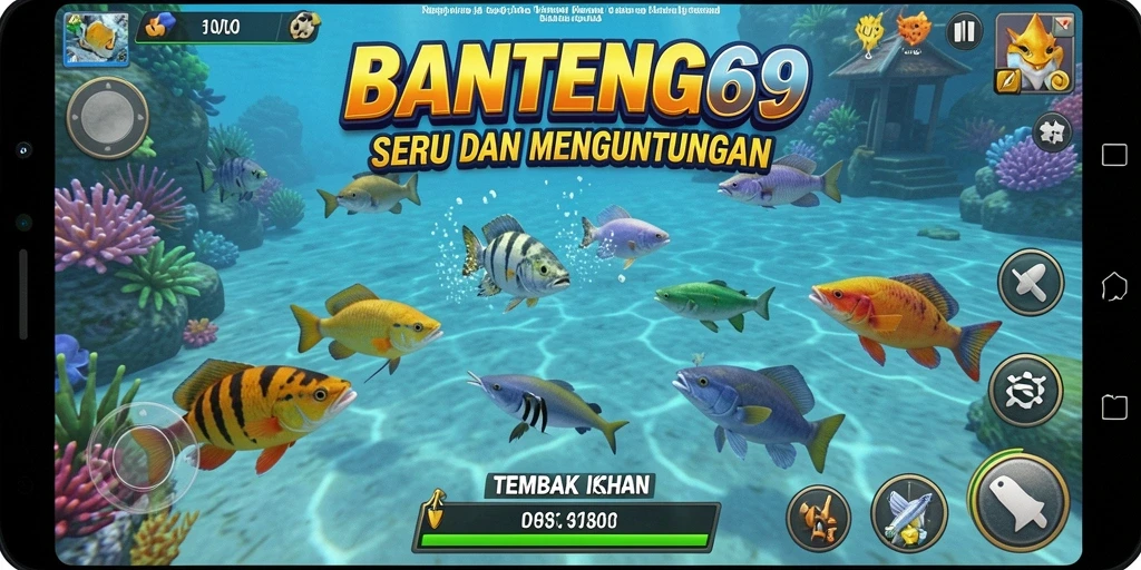 Screenshot gameplay BANTENG69 dengan ikan berwarna-warni yang bisa ditembak.