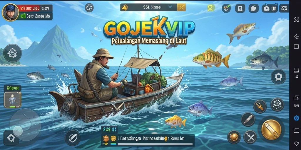 Tampilan gameplay GOJEKVIP dengan aktivitas memancing yang seru.