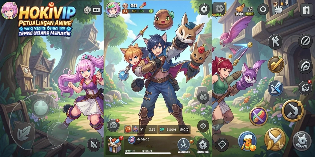 Tampilan gameplay HOKIVIP yang penuh warna dan karakter anime menarik.