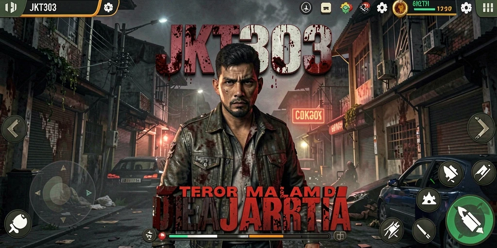 Screenshot menampilkan suasana mencekam dalam JKT303 saat pemain menjelajahi kota.