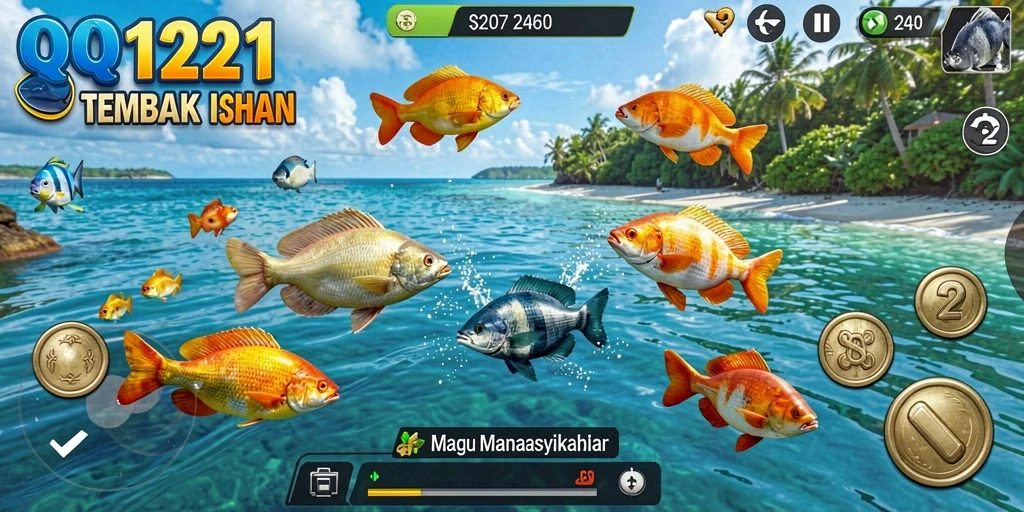 Tampilan gameplay menarik dari QQ1221 saat menembak ikan.