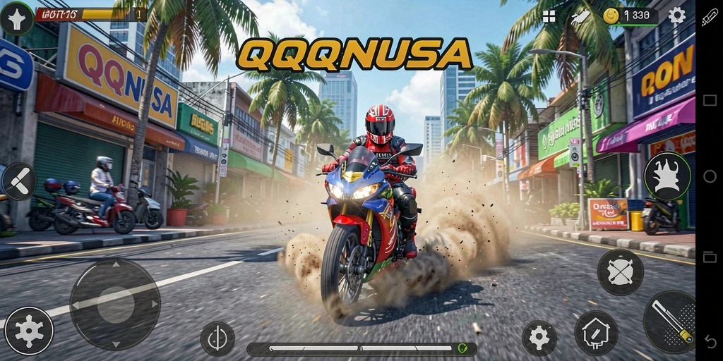 Gameplay seru QQNUSA dengan balapan motor yang mendebarkan.