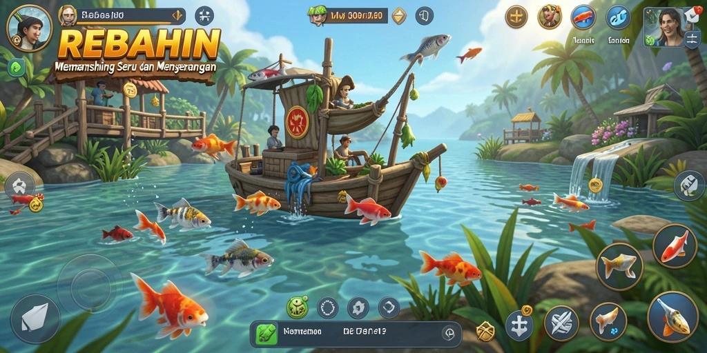 Tampilan gameplay REBAHIN yang seru dalam aktivitas memancing.