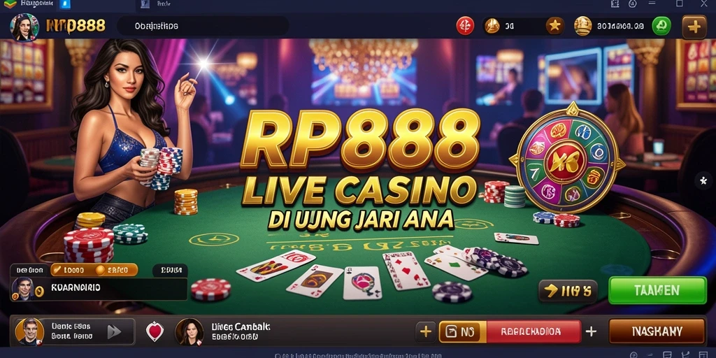 Screenshot gameplay Live Casino RP888 menampilkan dealer dan meja permainan yang menarik.