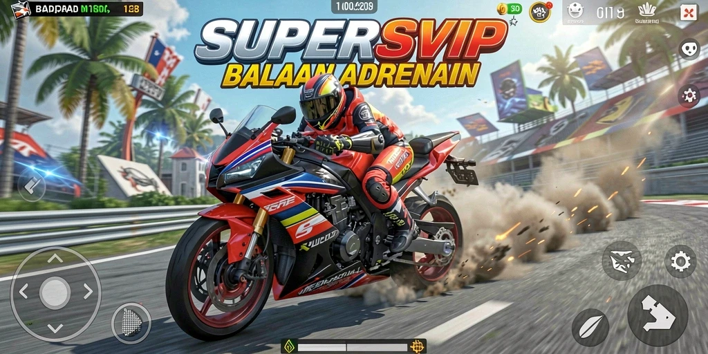 Tampilan gameplay seru di balapan motor SUPERSVIP.