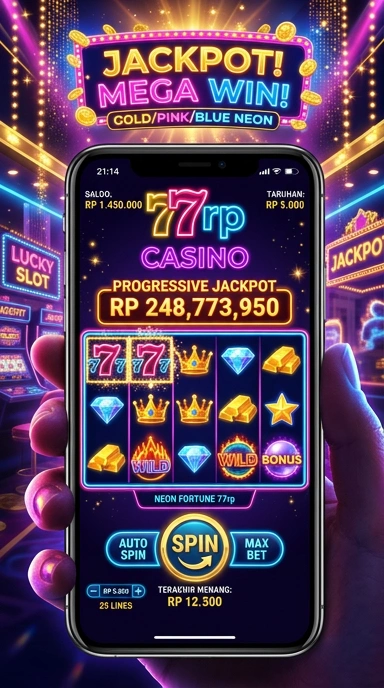 Tampilan utama aplikasi 77rp dengan berbagai kategori.